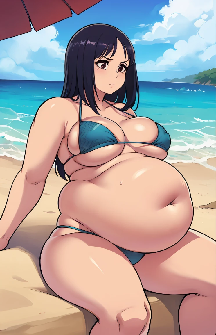 nico robin,beachfront,alone girl,bikini,fully body,overwhelmingly large belly,bloated belly,belly bloated,round belly,massive belly,bloated belly,incredibly small breasts,small breasts,six little,overwhelmingly large thighs,thick-thighs,