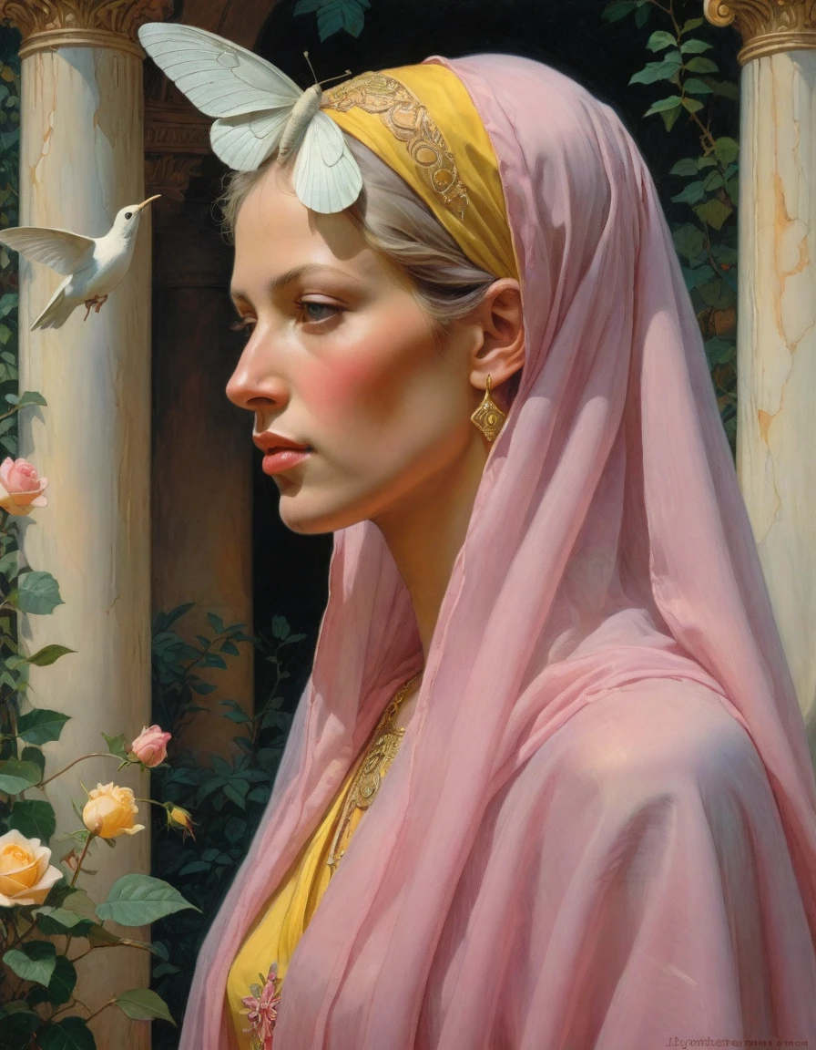 Masterpiece, ((realistic)), (propaganda poster), (((Moebius Jean Giraud))), ((((profile portrait of a veiled roman woman, young, priestess, dignified, wearing pink and yellow robes, detailed moth, rose elements, muted colors)))), (((corinthian columns with moth elements, jungle background, white doves)))