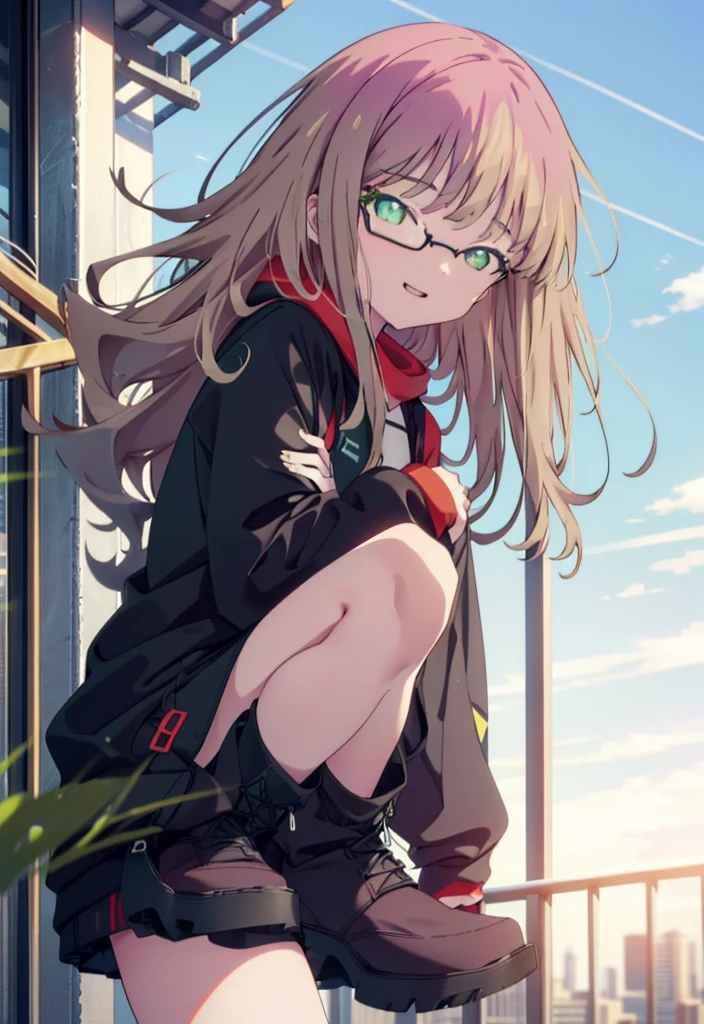 minami yume ,sss Dynazenon ,Long Hair, Brown Hair, (Green Eyes:1.5) ,Center of chest,hair band,happy smile, smile, Open your mouth, Black-rimmed glasses,Oversized red hoodie,Blue long skirt,short boots,Walking,whole bodyがイラストに入るように
break looking at viewer, whole body,(Cowboy Shot:1. 5),
break outdoors, Building district,
break (masterpiece:1.2), Highest quality, High resolution, unity 8k wallpaper, (shape:0.8), (Beautiful and beautiful eyes:1.6), Highly detailed face, Perfect lighting, Extremely detailed CG, (Perfect hands, Perfect Anatomy),