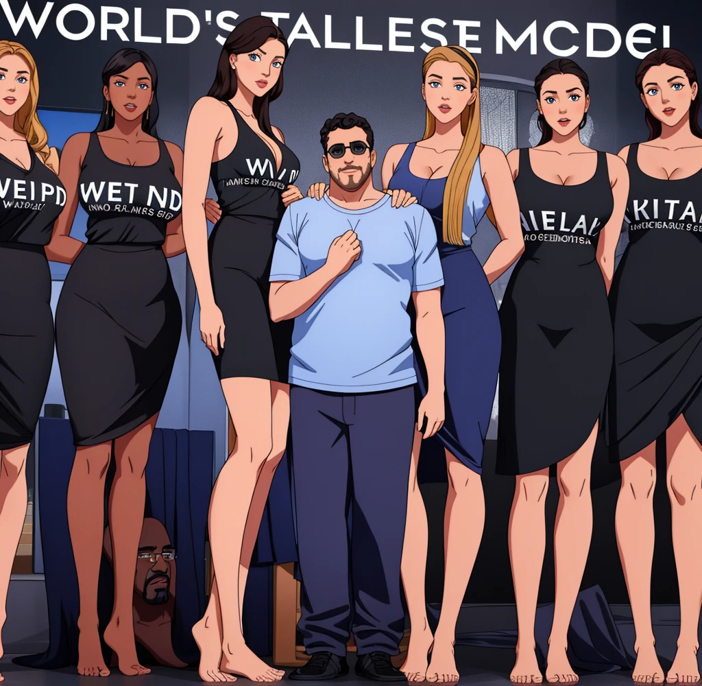Three tall girls on the lfe left, three tall girls in the right, short man in the middle, the girls are much taller than the man, girls have big and cleavage, girls are wearing black, man is wearing blue shirt, girls are standing barefoot, man is wearing shoes,