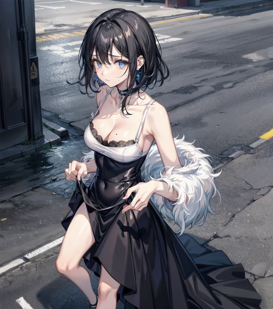 full body, solo, alone, delicate facial features, medium tits, medium hair, black hair, tearful mole, earring, dress, cleavage, street,