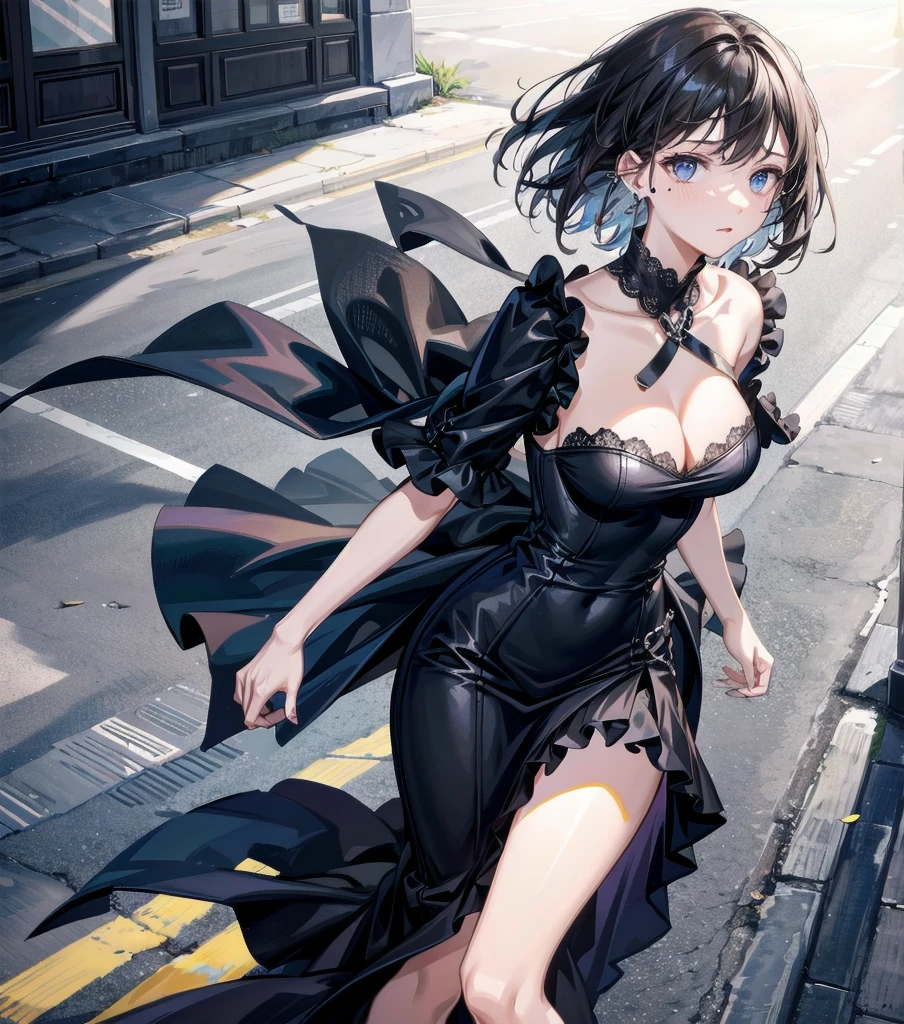full body, solo, alone, delicate facial features, medium tits, medium hair, black hair, tearful mole, earring, dress, cleavage, street,