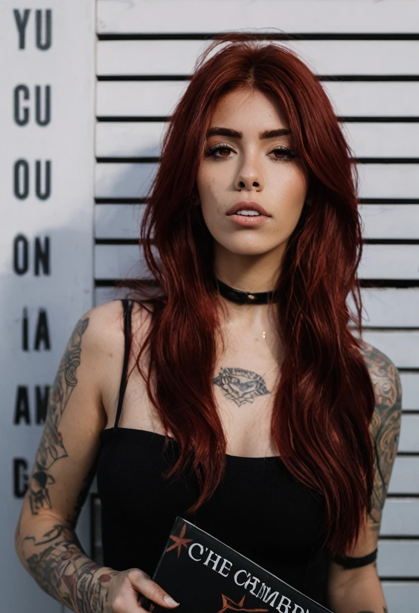 Arafa woman with red hair and tattoos holding a book, madison beer like leeloo, charli bowater, mia khalifa, serious and bold expression, with tattoos, inspired by Izzy Medrano, Foto de uma mulher, inspired by Elsa Bleda, inspired by Glória Muñoz, she is wearing a black blouse