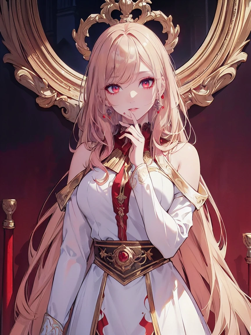 (Uhd, Masterpiece, Textured Skin, Super Detail, High Details, High Quality, Best Quality), ((long, lush hair)), ((elegant outfit)), impressive pose, ((red eyes)), ((detailed red eyes)), ((The background is in front of a royal palace)), ((light blonde hair, with pink spots at the ends of her hair), Attractive make-up, scenery, High definition, retina, work of art, precise, anatomical, scientifically correct, Textured skin, super detail, highly detailed, high quality, award-winning, maximum quality, high definition, 1080P, high definition, 4k, 8k, 16k