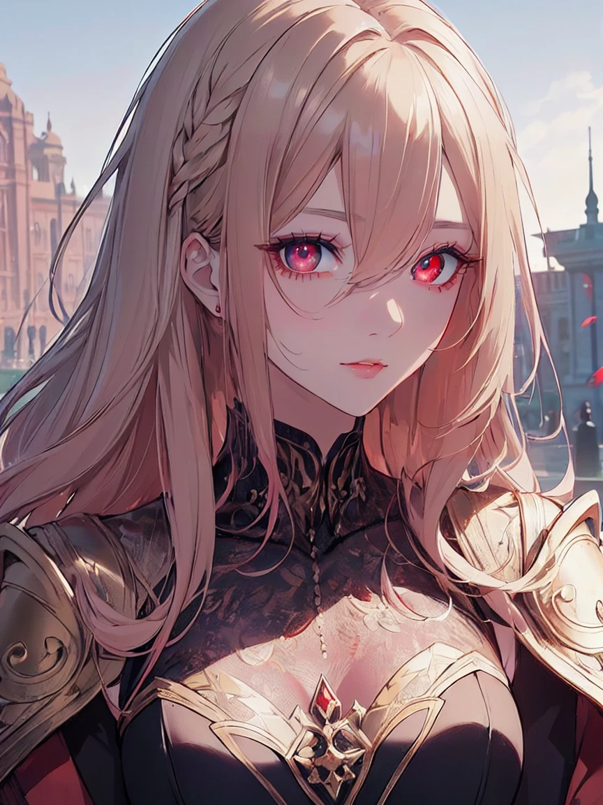 (Uhd, Masterpiece, Textured Skin, Super Detail, High Details, High Quality, Best Quality), ((long, lush hair)), ((elegant outfit)), impressive pose, ((red eyes)), ((detailed red eyes)), ((The background is in front of a royal palace)), ((light blonde hair, with pink spots at the ends of her hair), Attractive make-up, scenery, High definition, retina, work of art, precise, anatomical, scientifically correct, Textured skin, super detail, highly detailed, high quality, award-winning, maximum quality, high definition, 1080P, high definition, 4k, 8k, 16k