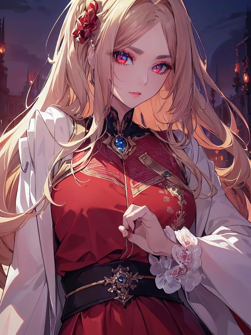 (Uhd, Masterpiece, Textured Skin, Super Detail, High Details, High Quality, Best Quality), ((long, lush hair)), ((elegant outfit)), impressive pose, ((red eyes)), ((detailed red eyes)), ((The background is in front of a royal palace)), ((light blonde hair, with pink spots at the ends of her hair), Attractive make-up, scenery, High definition, retina, work of art, precise, anatomical, scientifically correct, Textured skin, super detail, highly detailed, high quality, award-winning, maximum quality, high definition, 1080P, high definition, 4k, 8k, 16k