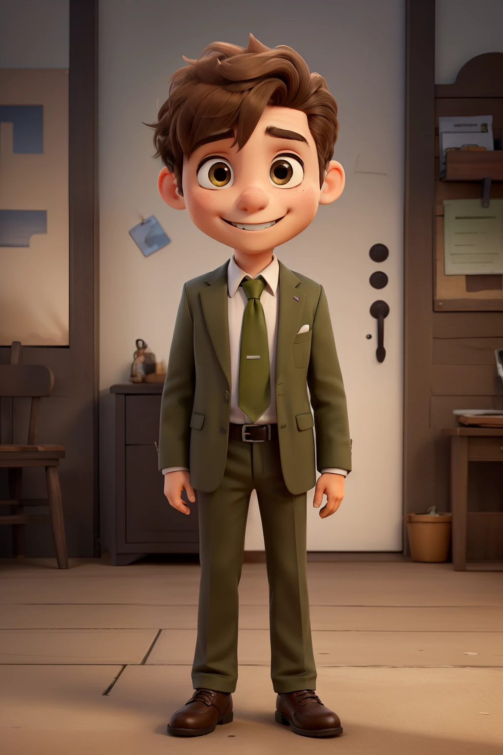 ((best qualityer)), ((work of art)), (detailded), very small boy in black suit olive green tie, combed brown hair, brown skin and brown eyes, Grinning