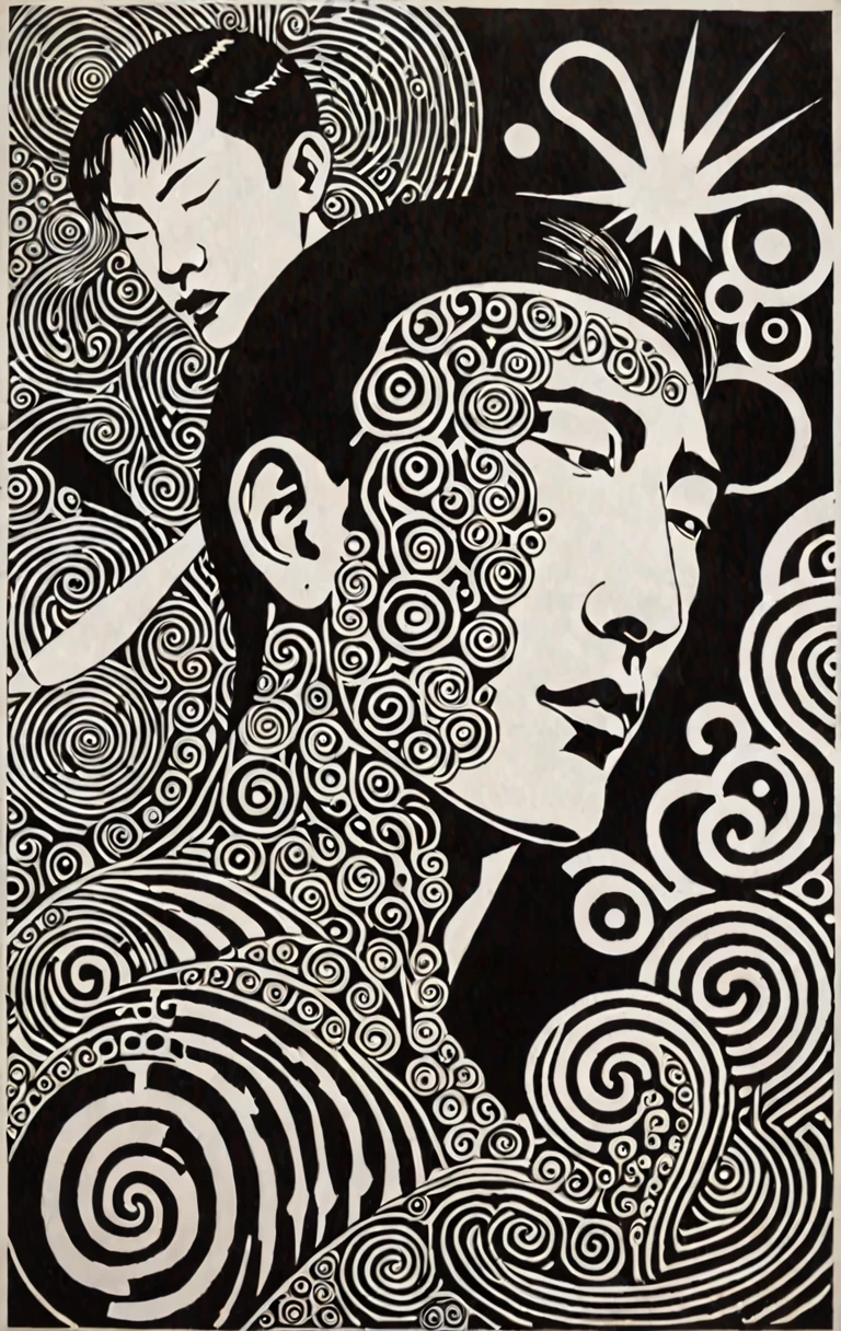 beadwork, Psychedelic style, Vibrant colors, swirling patterns, abstract forms, surreal, trippy,, Film noir style, monochrome, high contrast, dramatic shadows, 1940s style, mysterious, cinematic,, Minimalist color guide, Gongbi (meticulous Chinese painting),, 1 perfect pretty men, The painting must capture the multifaceted and energetic essence of a metalhead Gemini, showing duality, creativity and intense passion for music. The scene must be rich in symbolism, representing the vibrant personality of a Gemini while incorporating elements of metal culture, suggesting the fusion of intellectuality and rebellion.