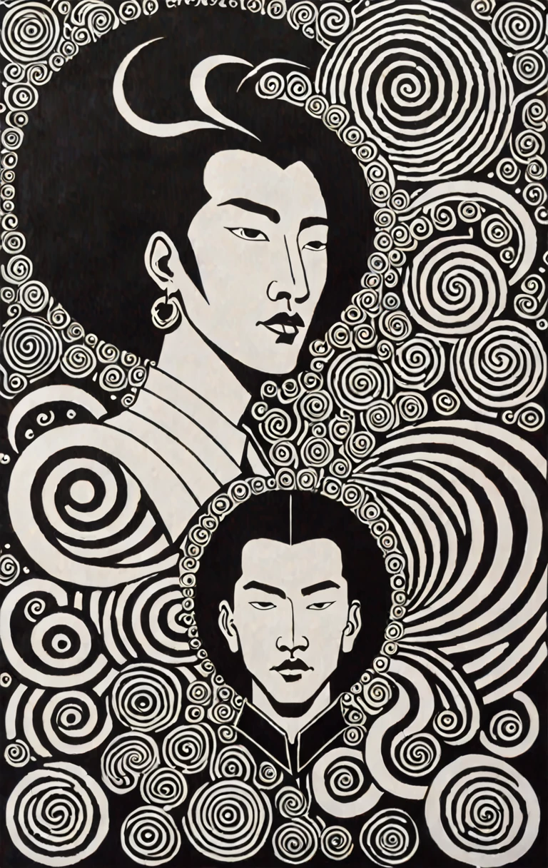 beadwork, Psychedelic style, Vibrant colors, swirling patterns, abstract forms, surreal, trippy,, Film noir style, monochrome, high contrast, dramatic shadows, 1940s style, mysterious, cinematic,, Minimalist color guide, Gongbi (meticulous Chinese painting),, 1 perfect pretty men,  The painting must capture the multifaceted and energetic essence of a metalhead Gemini, showing duality, creativity and intense passion for music. The scene must be rich in symbolism, representing the vibrant personality of a Gemini while incorporating elements of metal culture, suggesting the fusion of intellectuality and rebellion.