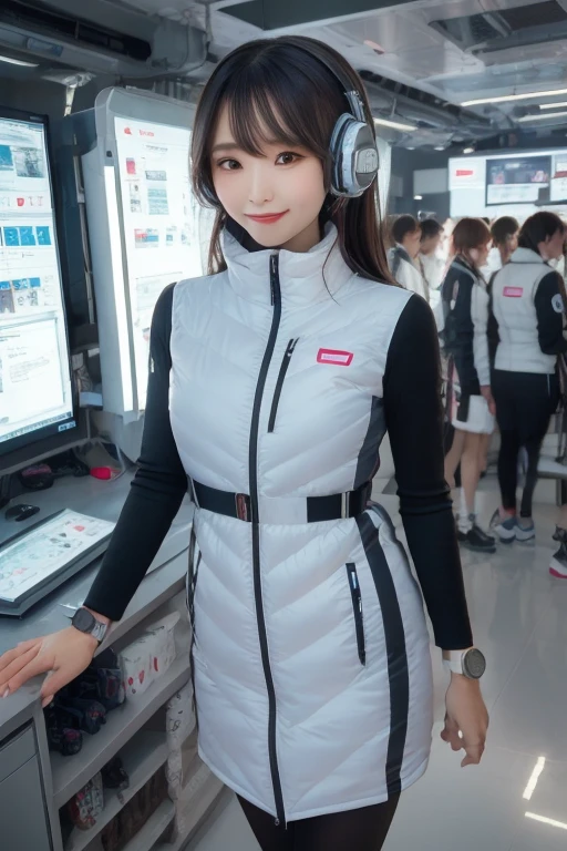 masterpiece, Highest quality, Very detailed, 8K Portrait,Japanese Android Girl,plump , Control panel,Robotic arms and legs, Blunt bangs,,break (Metallic Gray, Metallic luster, Mirror finish, Astro Best):5,headphone:5,break (Black sleeves):100,Smart Watches,Futuristic space station,Control Room,break headphone,blue eyes,(Black Hair):2,(Long Hair):1.3,Displaying the viewer,(respirator),break blush:3,Hidden Hand,smile