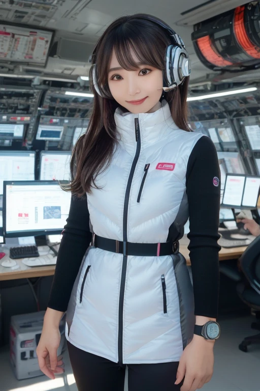 masterpiece, Highest quality, Very detailed, 8K Portrait,Japanese Android Girl,plump , Control panel,Robotic arms and legs, Blunt bangs,,break (Metallic Gray, Metallic luster, Mirror finish, Astro Best):5,headphone:5,break (Black sleeves):100,Smart Watches,Futuristic space station,Control Room,break headphone,blue eyes,(Black Hair):2,(Long Hair):1.3,Displaying the viewer,(respirator),break blush:3,Hidden Hand,smile