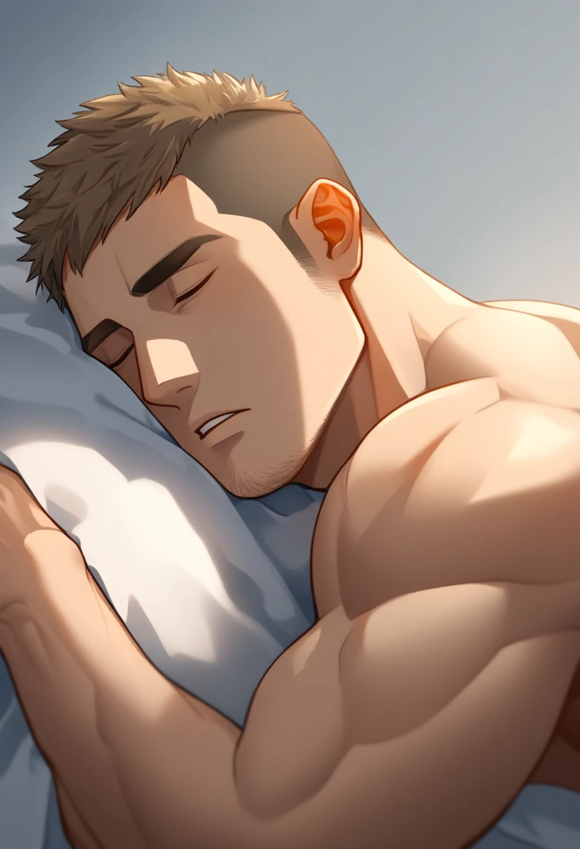 1boy, male focus, naked, sidepec, muscular male, muscular, bara, upper body, solo, sleeping in bed, annoyed, short hair, buzzcut, stubble, light brown hair, slepping, parted lips, big penis, white background, simple background, best quality, amazing quality, best aesthetic, absurdres, year 2023