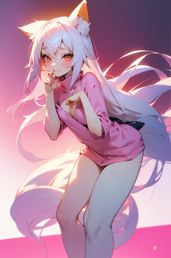 1girl,   body, small breast, fox girl, fox ears, kitsune, kitsune tails, white hair long, hair, flowy hair, prtty girl, pink nit sweater, cute pose, kawaii, cute pose, winking, bending over, big smile, plain background, white background, half body composition, standing pose, soft colors,