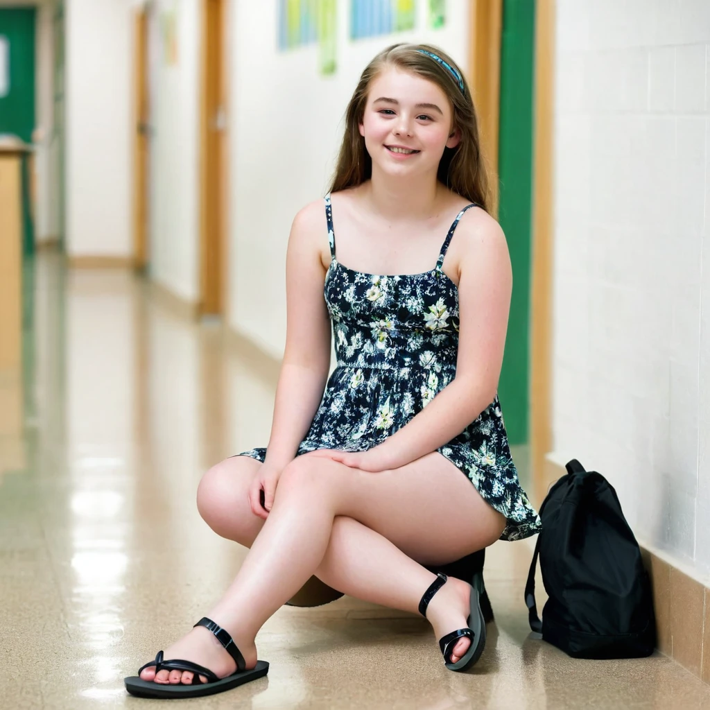 Chubby charming pale polish girl wearing sundress and black flip flops sits on the floor of school corridor