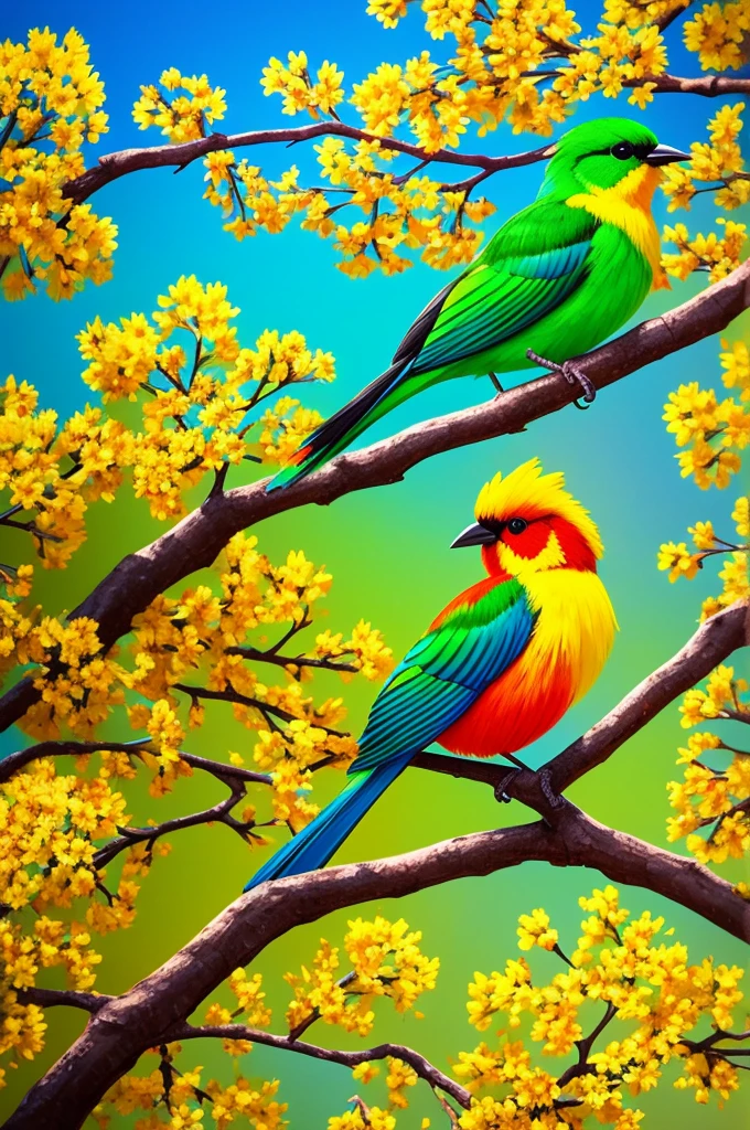 colorful bird sitting on a branch of a tree with yellow and green flowers colorful bird with a long, colorful birds, colorful hd photo, beautiful and colorful, beautiful colorful, pintura de um beija-flor, full of colors and rich detail, painted in bright water colors, colored image, cores vibrantes e realistas, rich colourful, beautiful nature, beautifully painted, colorful 8k, nature painting

