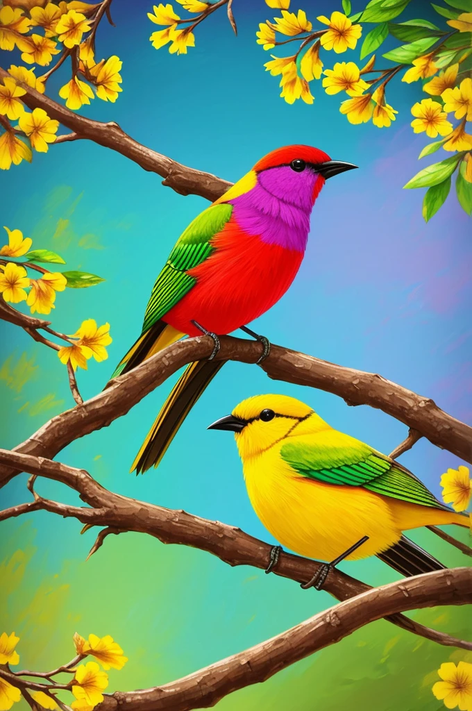 colorful bird sitting on a branch of a tree with yellow and green flowers colorful bird with a long, colorful birds, colorful hd photo, beautiful and colorful, beautiful colorful, pintura de um beija-flor, full of colors and rich detail, painted in bright water colors, colored image, cores vibrantes e realistas, rich colourful, beautiful nature, beautifully painted, colorful 8k, nature painting

