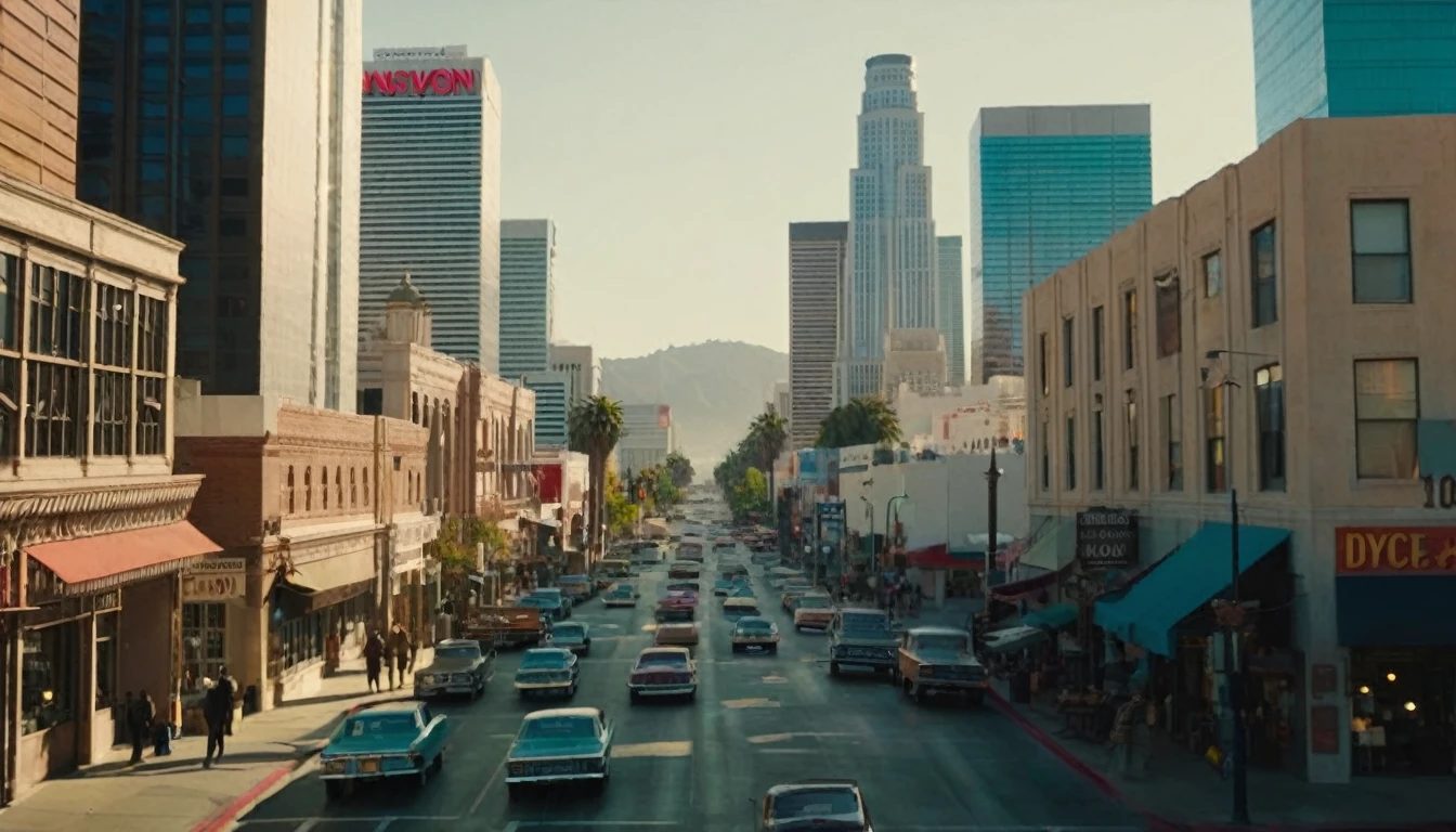 The cinematic traversal camera captures a view of Los Angeles, California in 3060 morning time.The camera is travelling through above the streets of a dysoptian city, in the futuristic megacity there are a couple of stores and street vendors, different styled buildings along the streetside. The futuristic city with many different colored materialed and shaped complex constructioned houses and skyscrapers in the background, bustling city with highly intricate details and photorealistic materials.Photorealistic Reflections.Natural lights, neutral colors, lomochrome,dramatic, dynamic composition. Consistent structure of the buildings, static environment,consistent movement of the camera.Contrast lighting, volumetric lighting, best shadows,sharp focus, depth pf field, Realism, Cinematic, Photoreal,Panavision 70s movie styled in color, celluloid, uhd, hdr, 4k, 35mm film Screengrab a 1950s Super Panavision 70 film, in color. Best shadows, best quality. Lifelike textures, sharp focus, depth of field, realism, photorealism, vintage color tones, cinematic lighting, contrast lighting, soft front light, insanely intricate details, hdr, uhd, 8k, 35 mm film, analog camera shot.