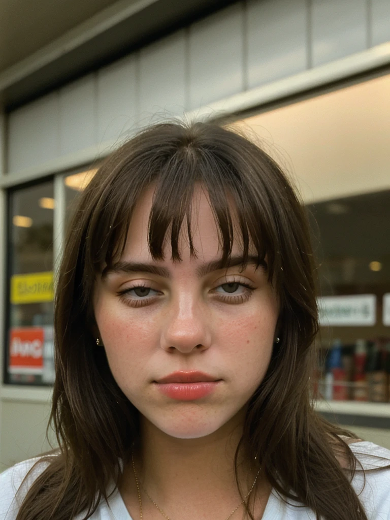 Close-up portrait photo of a young brunette woman taken at a convenience store during the night, Amateur, low quality image, exhibiting a grainy texture, jpg artifacts, film grain, gritty, raw aesthetic