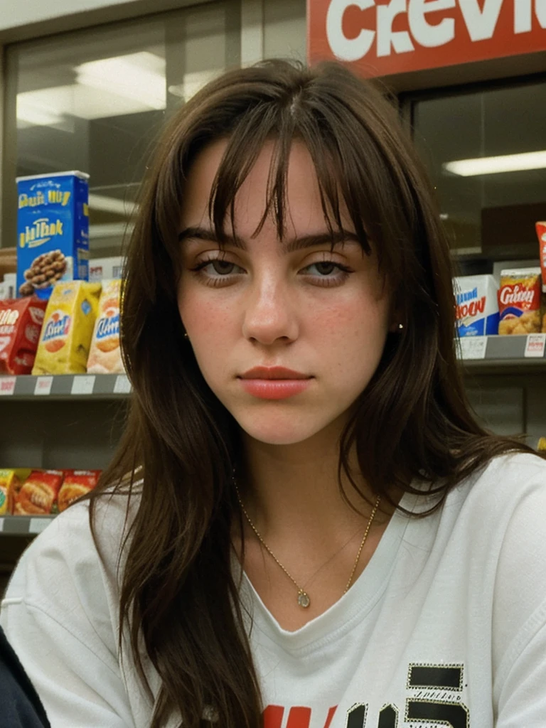 Close-up portrait photo of a young brunette woman taken at a convenience store during the night, Amateur, low quality image, exhibiting a grainy texture, jpg artifacts, film grain, gritty, raw aesthetic