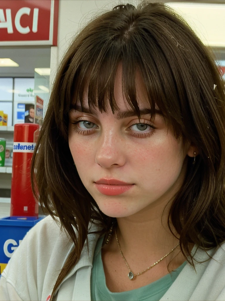 Close-up portrait photo of a young brunette woman taken at a convenience store during the night, Amateur, low quality image, exhibiting a grainy texture, jpg artifacts, film grain, gritty, raw aesthetic