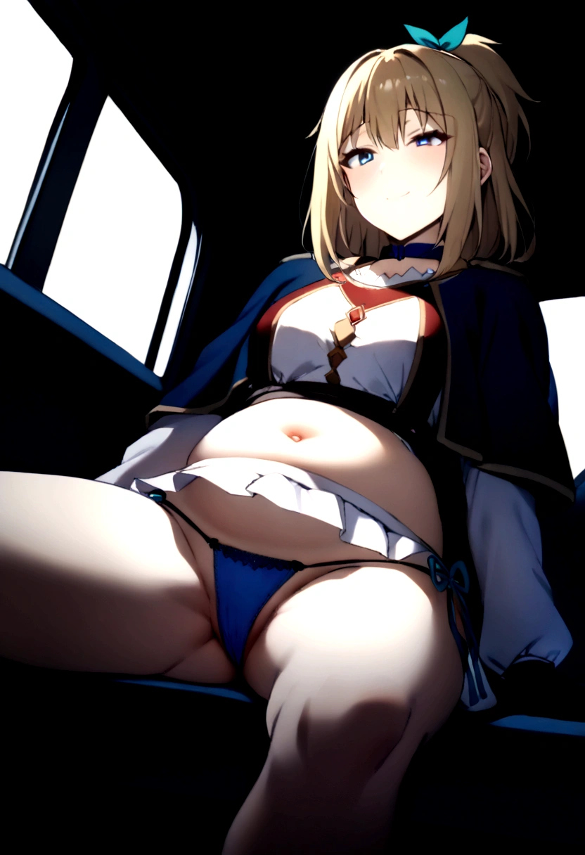 Highest quality, (masterpiece:1.2), detailed, Medieval, Ugly Tingel, One girl, alone, Mouth closed, A light smile, Medium Hair, Blonde Hair, Short Ponytail, blue eyes, Green ribbon, x Hair accessories, , suspenders, blue capelet, White shirt, Blue choker, Red ribbon, mini skirt, White Skirt, belly button, gloves, Are standing, From an angle, Looking at the audience, In the bus,Sitting and spreading legs, (((side tie panties)))