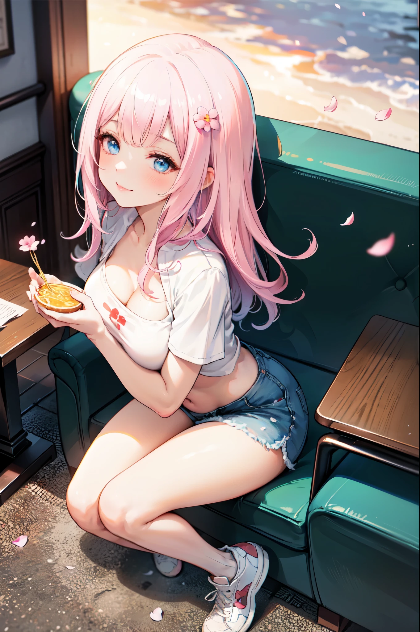 realistic image, detailed image, coherent image, 1 beautiful girl, she has very long hair, she has a black bow in her square bangs, pink hair, light blue eyes, smiling, winking, she is wearing a loose blouse, showing navel, mini jean shorts, sneakers, She has a curvy body, big breasts and thick thighs, She is sitting eating a bowl of ramen, sitting sensually, showing her legs, arching her back, surrounded by falling flower petals around, inside a restaurant, full body view, view from above, sunset, twilight, Soft focus, Dramatic shadows, Volumetric lighting, natural lighting,chika fujiwara