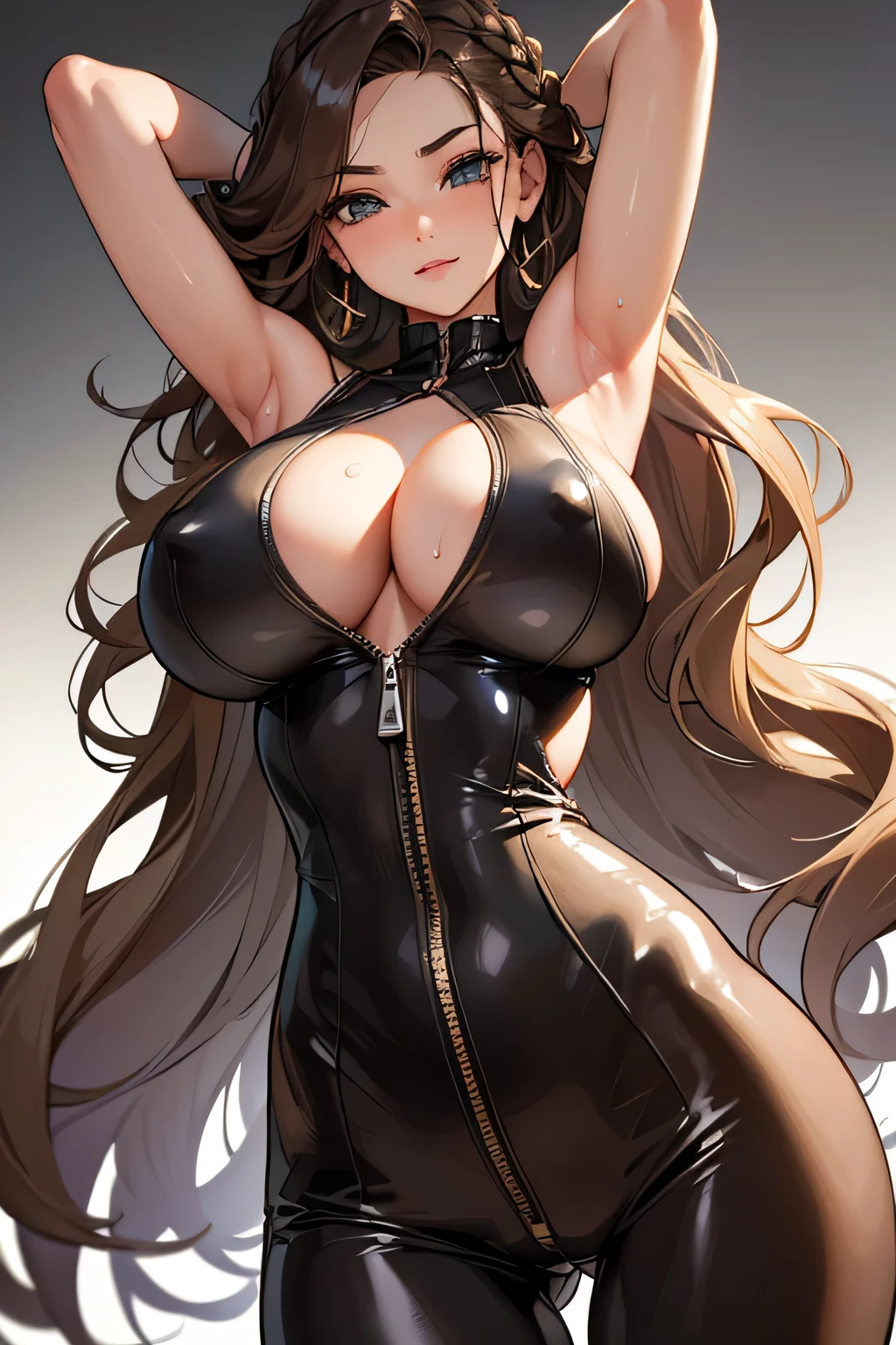 Highest quality、High resolution、Detailed Background、(Beautiful face in every detail:1.4)、Anatomically correct、(Detailed facial expressions)、(Detailed eyes:1.2)、age beauty、(Highly detailed face:1.4)、(Huge breasts:1.4)、Cute hair colour、Bobcut、Braided long hair、Wavy Hairstyle、well-groomed eyebrows、Realistic、Perfect body line、Attractive ass、Cute Eye Makeup、Cute Lip Makeup、Do cute things、
Light brown lightweight rubber suit、The zipper opens completely and her breasts flap about.、Sleeveless、Accentuate your cleavage、Show your armpits、Look at me with a big smile、
Low-angle close-up highlighting the lower body、Super close-up shot from directly below、Sexy High Leg、Super-detailed rubber suit、My clothes are wet and transparent、very beautiful