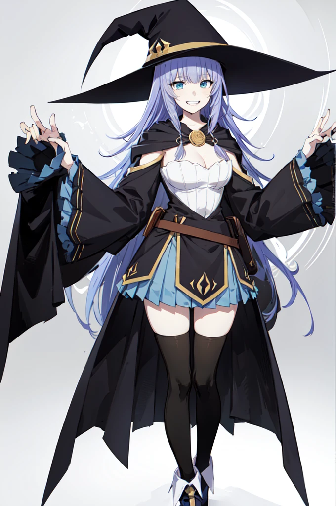 smile,  1girl, witch hat ,cape, blue skirt, black thighhighs, boots, detached sleeves, wide sleeves, ebiblue, gesugao, evil smile, gesugao, sadistic smile, (limited palette:1.3),, ultra detailed, masterpiece, best quality, aesthetic, detailed,