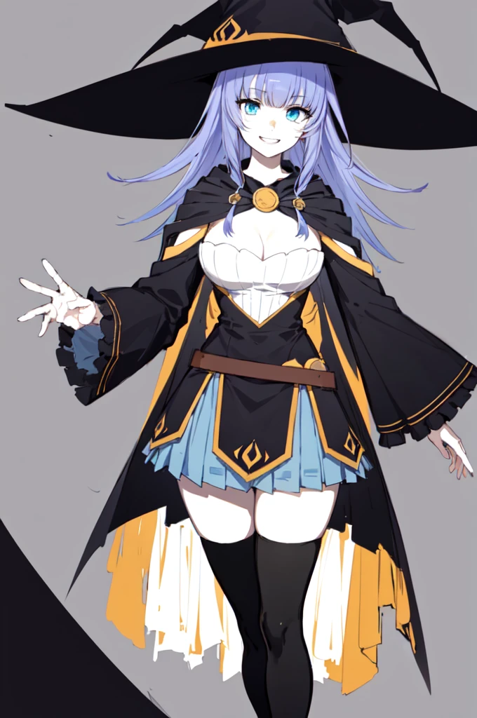 smile,  1girl, witch hat ,cape, blue skirt, black thighhighs, boots, detached sleeves, wide sleeves, ebiblue, gesugao, evil smile, gesugao, sadistic smile, (limited palette:1.3),, ultra detailed, masterpiece, best quality, aesthetic, detailed,