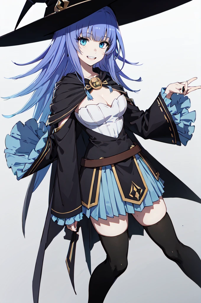 smile,  1girl, witch hat ,cape, blue skirt, black thighhighs, boots, detached sleeves, wide sleeves, ebiblue, gesugao, evil smile, gesugao, sadistic smile, (limited palette:1.3),, ultra detailed, masterpiece, best quality, aesthetic, detailed,