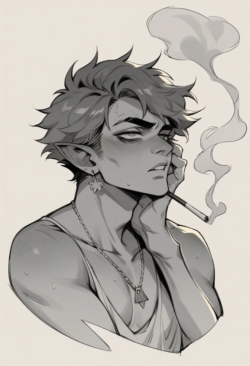 score_9, score_8_up, score_7_up, score_6_up, score_5_up, score_4_up, BREAK source_furry, source_anthro, source_anime, rating_safety,
solo, skinny male humanoid cat, (fur is black and white), fur and skin, he's smoking a cigarette made of candy, evil face, punk style clothing and wide pants, Black Glove, tattoos on body, golden jewelry, a symbol of a pink teddy bear, full of anxiety in the fingers, wearing a round glasses, Adventure Time style drawing