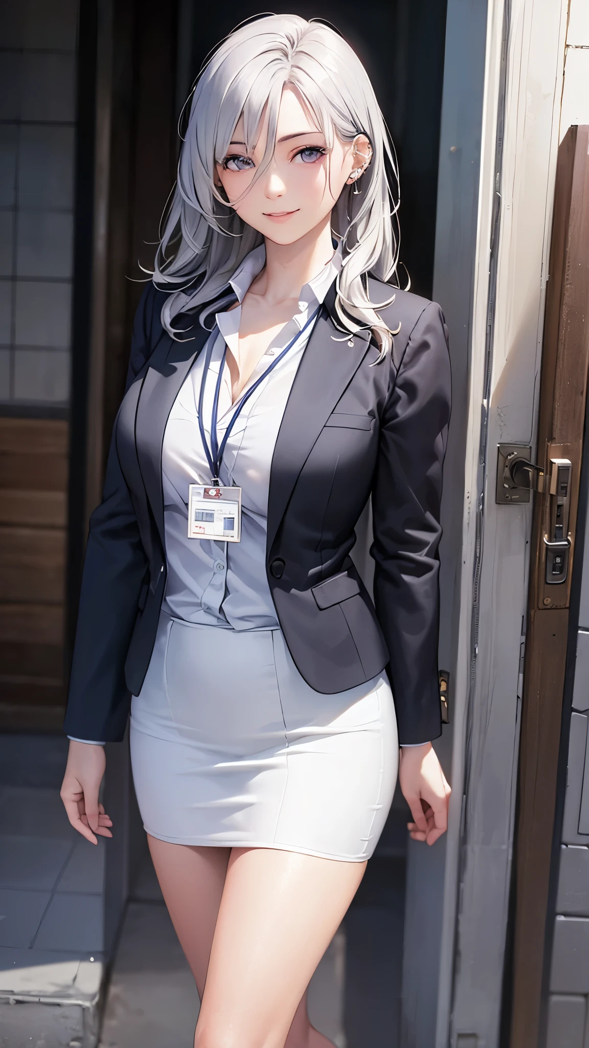 (masterpiece:1.2, top-quality), (realistic, photorealistic:1.4), beautiful illustration, (natural side lighting, movie lighting),
looking at viewer, cowboy shot, front view, 1 girl, japanese, high school girl, perfect face, cute and symmetrical face, shiny skin, babyface,
(long hair, straight hair, silver hair), hair between eyes, purple eyes, (middle breasts, seductive thighs, big ass), piercings,
beautiful hair, beautiful face, beautiful detailed eyes, beautiful clavicle, beautiful body, beautiful chest, beautiful thigh, beautiful legs, beautiful fingers,
((long sleeves, white collared shirt, black suit jacket, black pencil mini skirt), id card, strap, black high heels),
(beautiful scenery), evening, park, walking, (lovely smile, upper eyes), big tits, ((high resolution face))