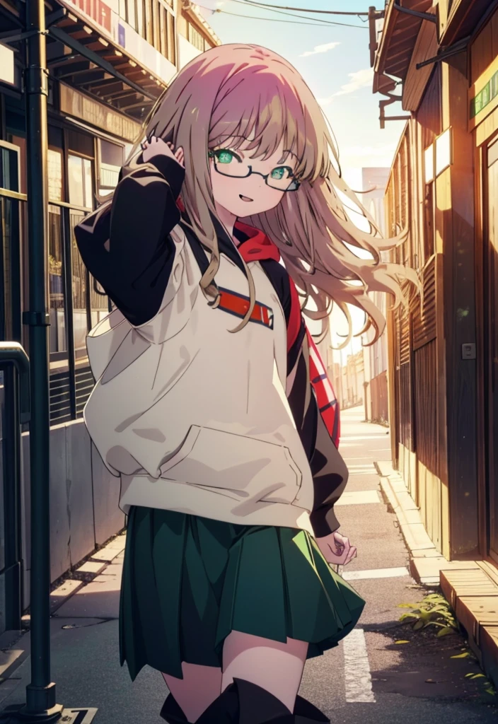 minami yume ,sss Dynazenon ,Long Hair, Brown Hair, (Green Eyes:1.5) ,Center of chest,hair band,happy smile, smile, Open your mouth, Black-rimmed glasses,Oversized red hoodie,Blue long skirt,short boots,Walking,whole bodyがイラストに入るように
break looking at viewer, whole body,(Cowboy Shot:1. 5),
break outdoors, Building district,
break (masterpiece:1.2), Highest quality, High resolution, unity 8k wallpaper, (shape:0.8), (Beautiful and beautiful eyes:1.6), Highly detailed face, Perfect lighting, Extremely detailed CG, (Perfect hands, Perfect Anatomy),