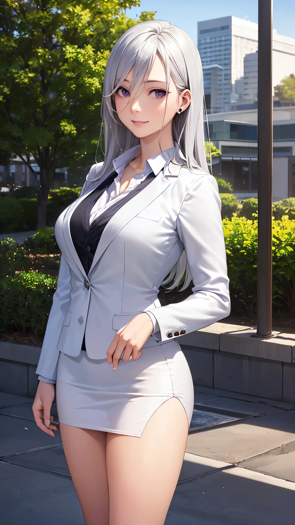 (masterpiece:1.2, top-quality), (realistic, photorealistic:1.4), beautiful illustration, (natural side lighting, movie lighting),
looking at viewer, cowboy shot, front view, 1 girl, japanese, high school girl, perfect face, cute and symmetrical face, shiny skin, babyface,
(long hair, straight hair, silver hair), hair between eyes, purple eyes, (middle breasts, seductive thighs, big ass), piercings,
beautiful hair, beautiful face, beautiful detailed eyes, beautiful clavicle, beautiful body, beautiful chest, beautiful thigh, beautiful legs, beautiful fingers,
((long sleeves, white collared shirt, black suit jacket, black pencil mini skirt), id card, strap, black high heels),
(beautiful scenery), evening, park, walking, (lovely smile, upper eyes), big tits, ((high resolution face)), plump