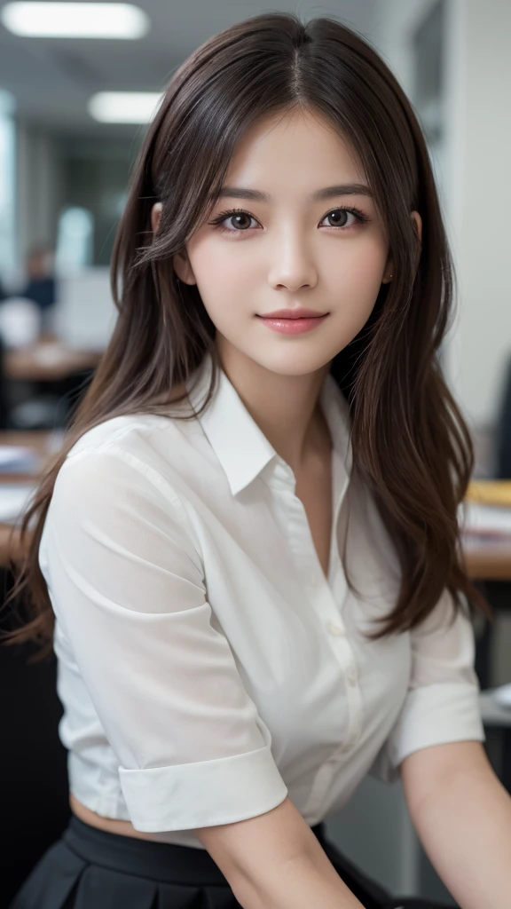 (1girl), (round eyes:1.2), (highly detailed face and eyes), smile, Amazing face and eyes, (Best Quality:1.4), (Ultra-detailed), (extremely detailed CG unified 8k wallpaper), Highly detailed, High-definition raw color photos, Professional Photography, Realistic portrait, Amazing face and eyes, indoors, office, (office lady, casual, mini Skirt:1.3), (A moment of relaxation), model, depth of fields, (fine face:1.2),