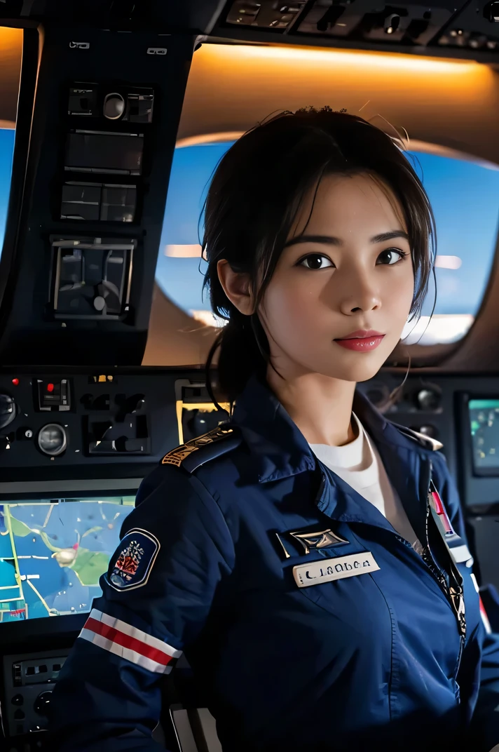 Female pilot、in an airplane cockpit、(((Highest quality, masterpiece))), (((Very detailed)))