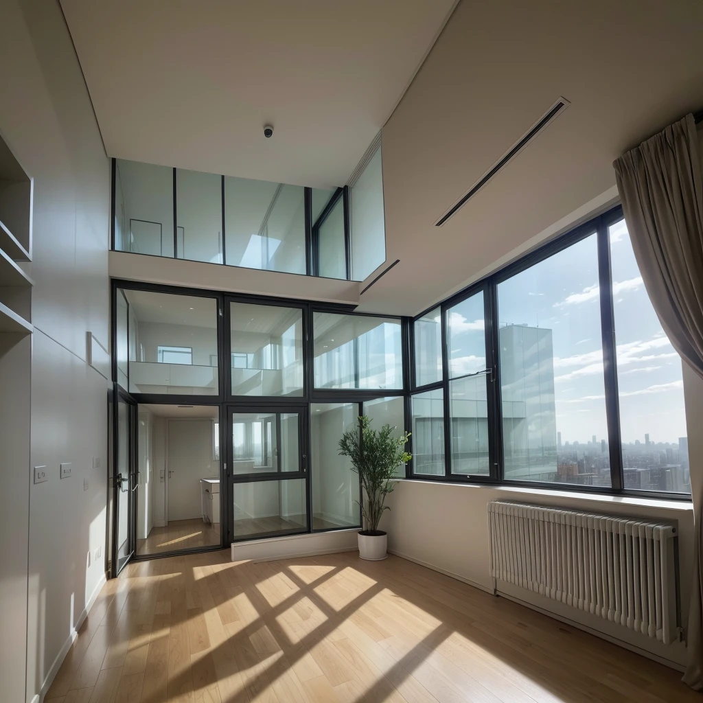 An apartment made by Norman Foster of approximately 12x18 m in plan view above double height and brutalism style