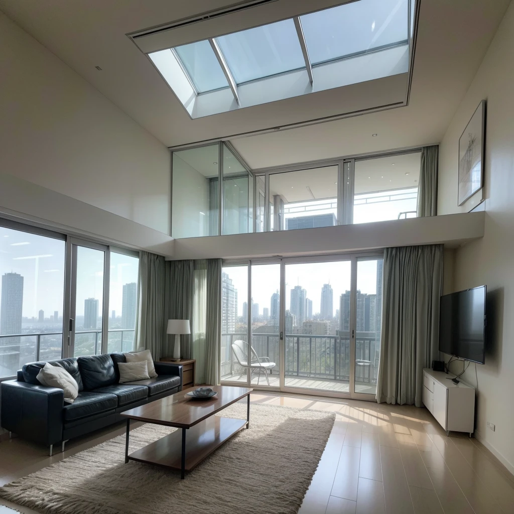 An apartment made by Norman Foster of approximately 12x18 m in plan view above double height and brutalism style