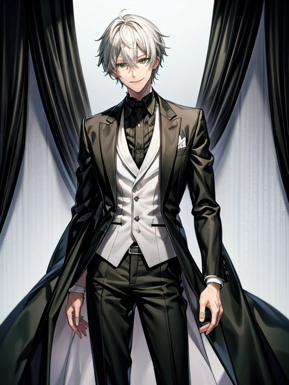 Tall male with Black and white hair, standing in black/white suit, semi realism, smiling, green eyes