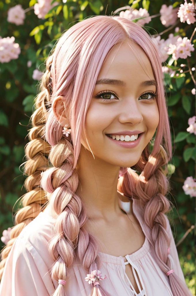 anime girl,long light pink hair with braids adorned with flowers,honey-colored eyes and smiling