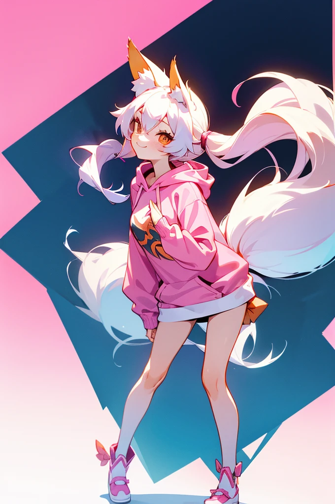 1girl, body, small breast, fox girl, fox ears, kitsune, kitsune tails, white hair long, hair, flowy hair, prtty girl, pink nit sweater, hoodie, cute pose, kawaii, cute pose, winking, bending over, big smile, plain background, white background, half body composition, standing pose, soft colors,