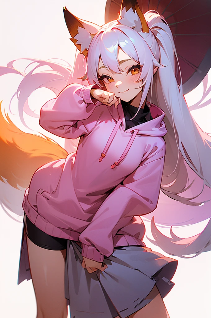1girl, body, small breast, fox girl, fox ears, kitsune, kitsune tails, white hair long, hair, flowy hair, prtty girl, pink nit sweater, hoodie, cute pose, kawaii, cute pose, winking, bending over, big smile, plain background, white background, half body composition, standing pose, soft colors,