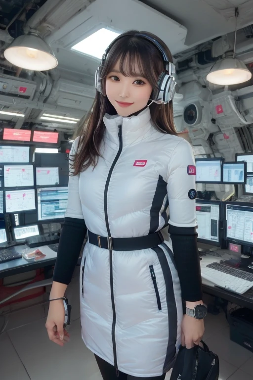 masterpiece, Highest quality, Very detailed, 8K Portrait,Japanese Android Girl,plump , Control panel,Robotic arms and legs, Blunt bangs,,break (Metallic Gray, Metallic luster, Mirror finish, Astro Best):5,headphone:5,break (Black sleeves):100,Smart Watches,Futuristic space station,Control Room,break headphone,blue eyes,(Black Hair):2,(Long Hair):1.3,Displaying the viewer,(respirator),break blush:3,Hidden Hand,smile