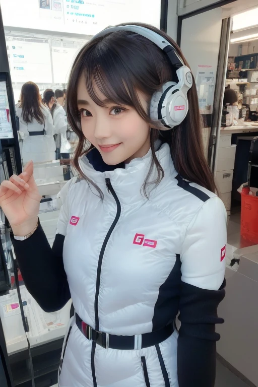 masterpiece, Highest quality, Very detailed, 8K Portrait,Japanese Android Girl,plump , Control panel,Robotic arms and legs, Blunt bangs,,break (Metallic Gray, Metallic luster, Mirror finish, Astro Best):5,headphone:5,break (Black sleeves):100,Smart Watches,Futuristic space station,Control Room,break headphone,blue eyes,(Black Hair):2,(Long Hair):1.3,Displaying the viewer,(respirator),break blush:3,Hidden Hand,smile
