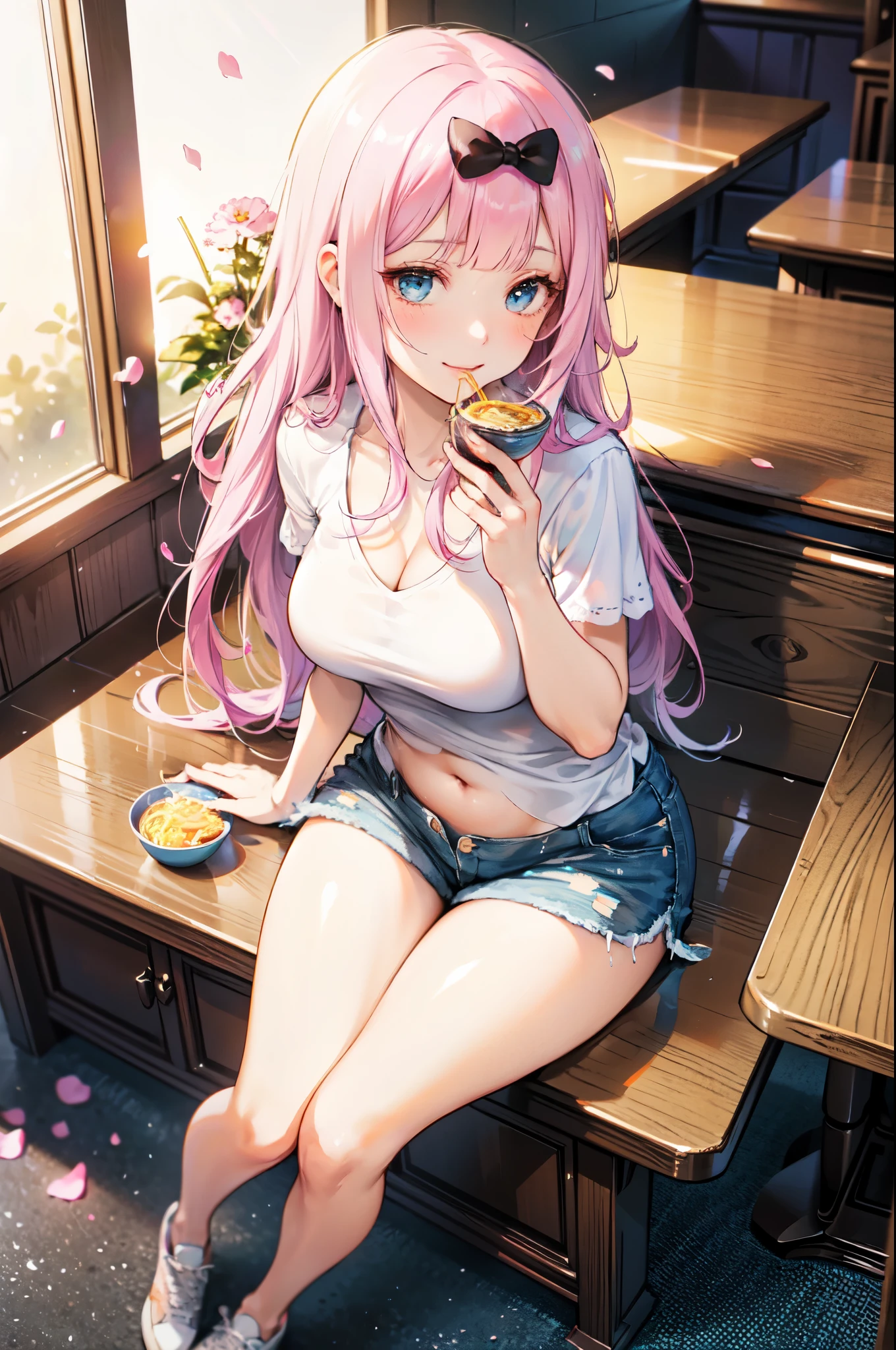 realistic image, detailed image, coherent image, 1 beautiful girl, she has very long hair, she has a black bow in her square bangs, pink hair, light blue eyes, smiling, winking, she is wearing a loose blouse, showing navel, mini jean shorts, sneakers, She has a curvy body, big breasts and thick thighs, She is sitting eating a bowl of ramen, sitting sensually, showing her legs, arching her back, surrounded by falling flower petals around, inside a restaurant, full body view, view from above, sunset, twilight, Soft focus, Dramatic shadows, Volumetric lighting, natural lighting,chika fujiwara