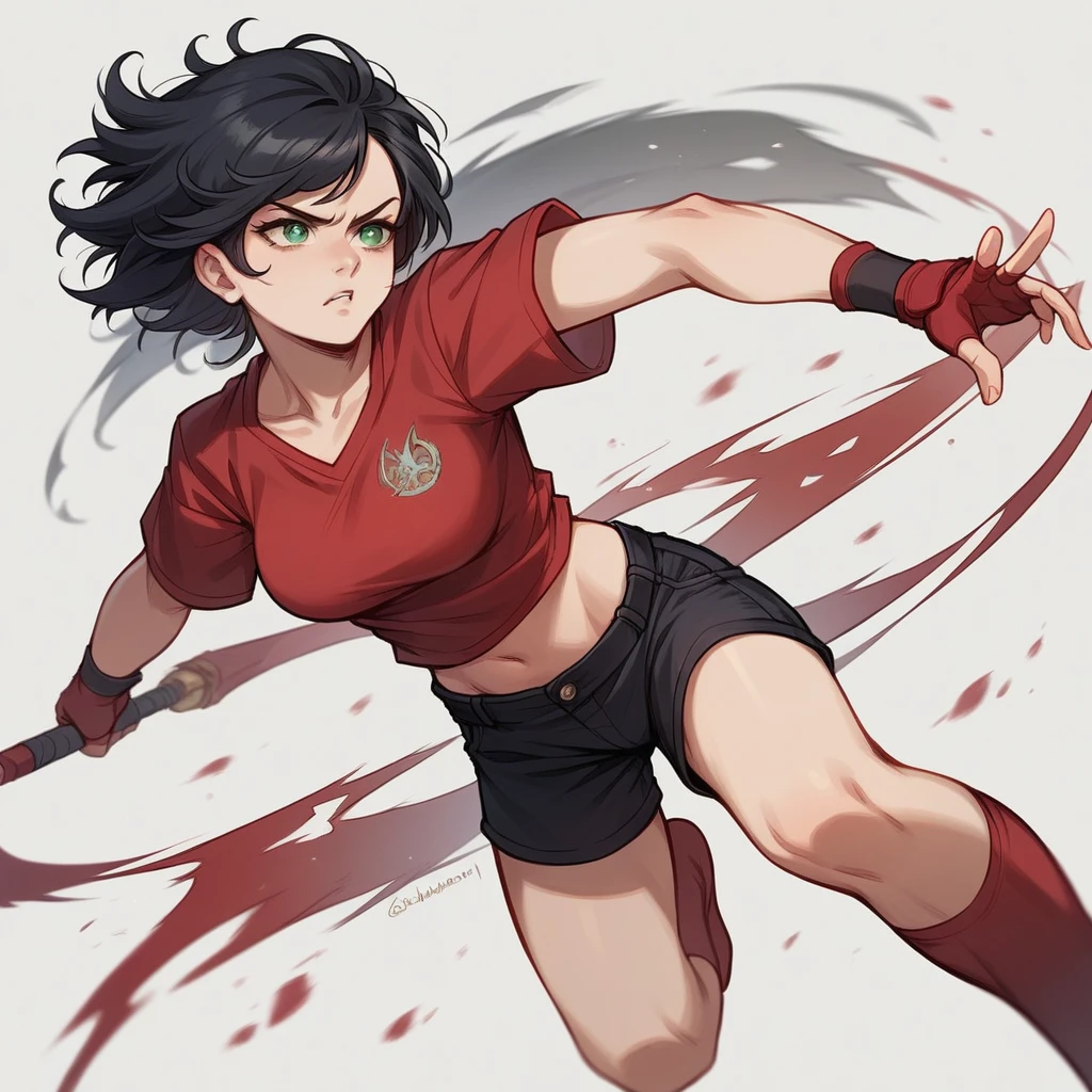 Create the image of a light brunette woman aged between 25 years old, straight, long black hair, greenish eyes, she is wearing a red top and black shorts, she is facing the camera in a fighting position, looking serious and sensual , ultrarealistic photo, hd, 8k