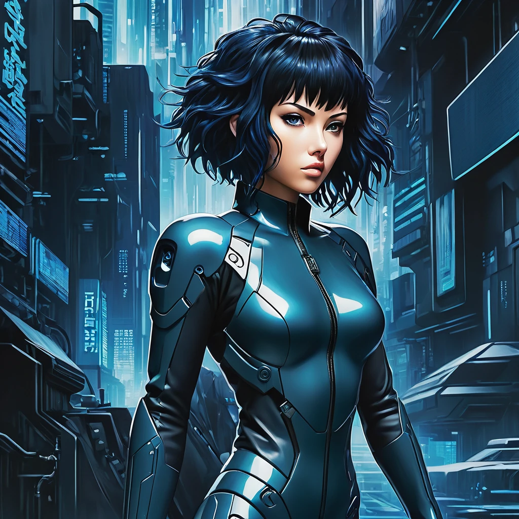 Ghost in the Shell Vol.2 - Enemies, by Luis Duarte, Luis Duarte style, blue and black shading, Neo-Tokyo style, Element Air, Mythpunk, Graphic Interface, Sci-Fic Art, Dark Influence, NijiExpress 3D v3, Kinetic Art, Datanoshing, Oilpainting, Ink v3, Splash style, Abstract Art, Abstract Tech, Cyber Tech Elements, Futuristic, Illustrated v3, Deco Influence, AirBrush style, drawing