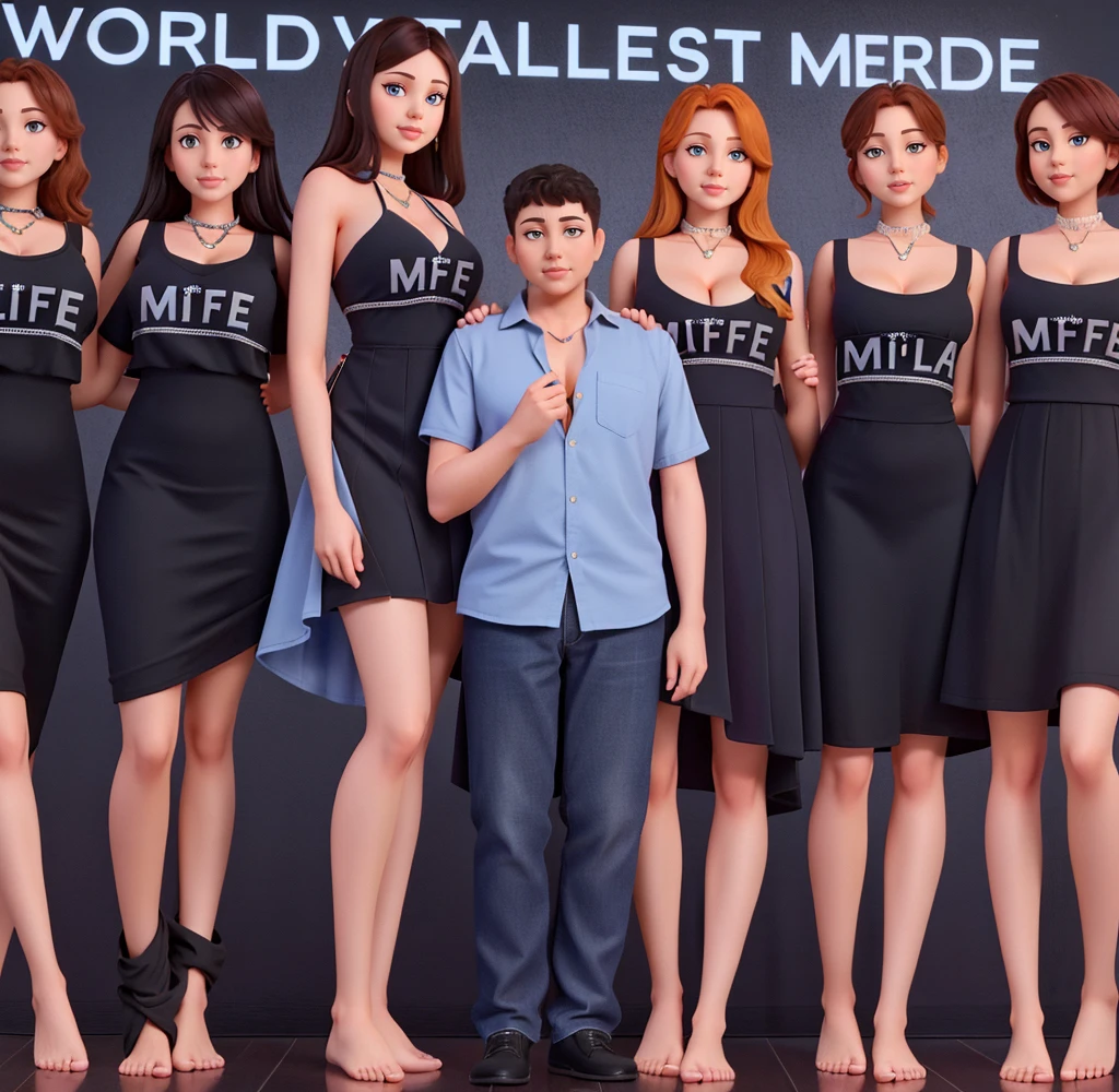 Three tall girls on the lfe left, three tall girls in the right, short man in the middle, the girls are much taller than the man, girls have big  and cleavage, girls are wearing black, man is wearing blue shirt, girls are standing barefoot, man is wearing shoes,