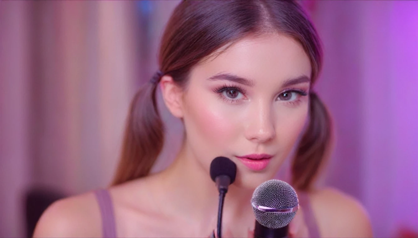 Video still image of a Beautiful girl looking inside the camera, she is an ASMR YouTuber, she is whispering at a profesional microphone, her hands are visible, she is touching the mic. In the background ther is colored led light in the roo, bokhe blurred. 4k image quality, 16:9 ratio, horizontal format.