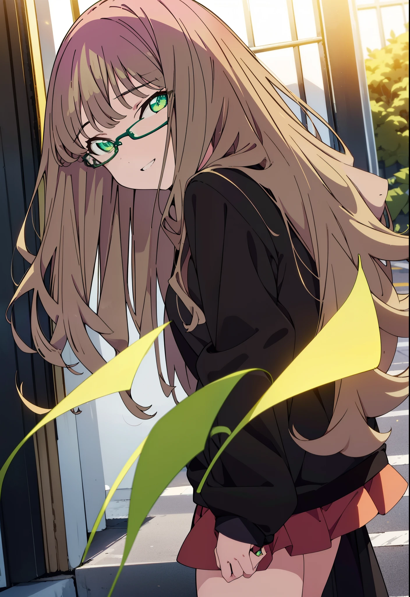 minami yume ,sss Dynazenon ,Long Hair, Brown Hair, (Green Eyes:1.5) ,Center of chest,hair band,happy smile, smile, Open your mouth, Black-rimmed glasses,Oversized red hoodie,Blue long skirt,short boots,Walking,whole bodyがイラストに入るように
break looking at viewer, whole body,(Cowboy Shot:1. 5),
break outdoors, Building district,
break (masterpiece:1.2), Highest quality, High resolution, unity 8k wallpaper, (shape:0.8), (Beautiful and beautiful eyes:1.6), Highly detailed face, Perfect lighting, Extremely detailed CG, (Perfect hands, Perfect Anatomy),
